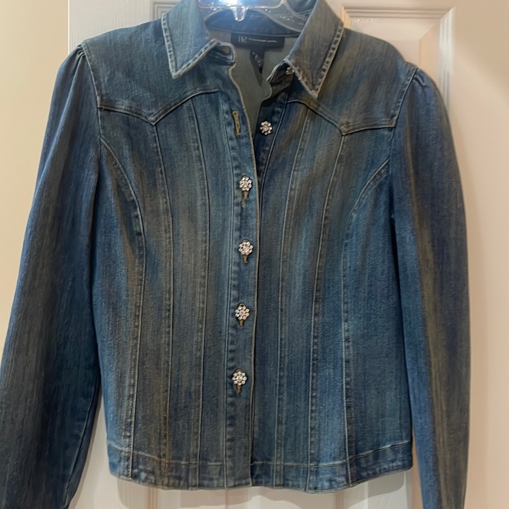 INC Denim Blinged Rhinestone button Puffed sleeve jacket gently worn Size L